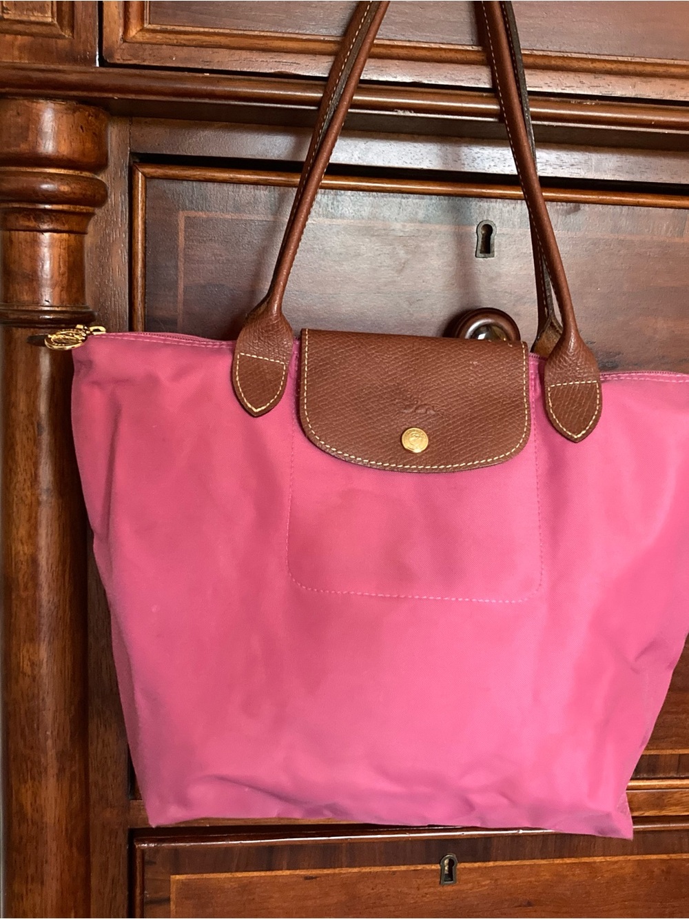 Longchamp Pink Shoulder Tote with Brown Trim